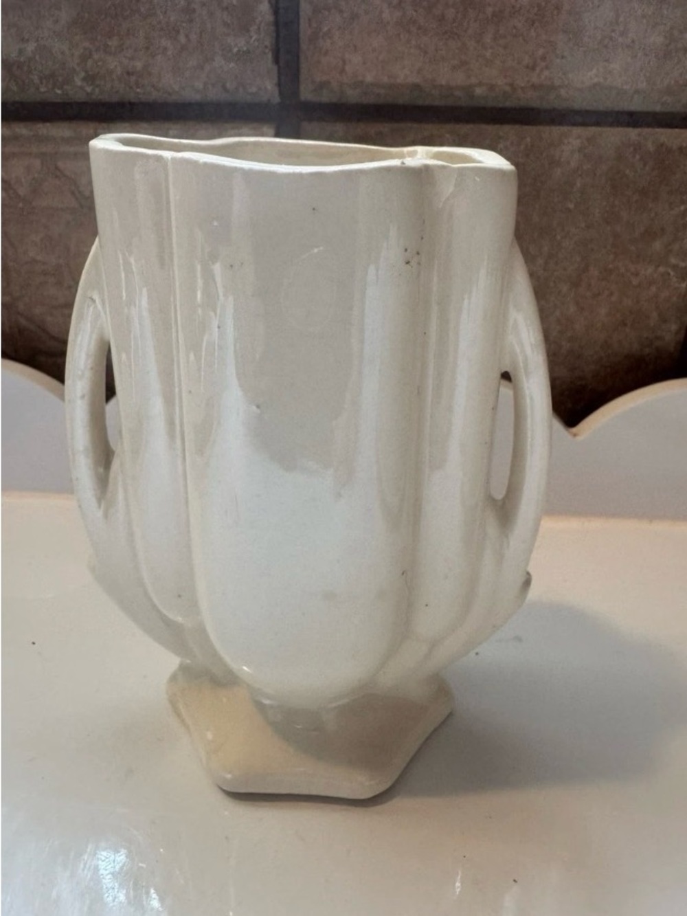 Vintage Cream Shawnee Brush Two Handled Small Pottery Vase.